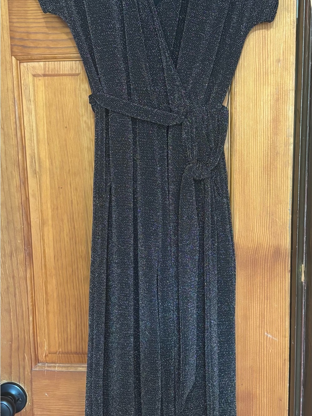 Shimmery Black Wrap-Front Jumpsuit with Self-Tie Waist